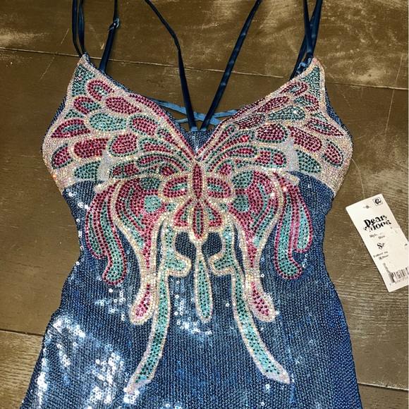 Dear Moon Blue Sequined Pink Butterfly Lace Hoco Prom Formal Dress 3 - Picture 1 of 8